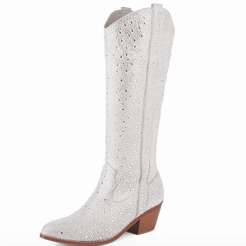 Santiag argentée et tendance à strass avec un petit talon marron. Sur fond blanc.