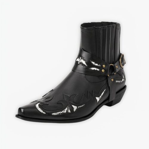 Bottines homme santiag noires élégantes et modernes sur fond gris