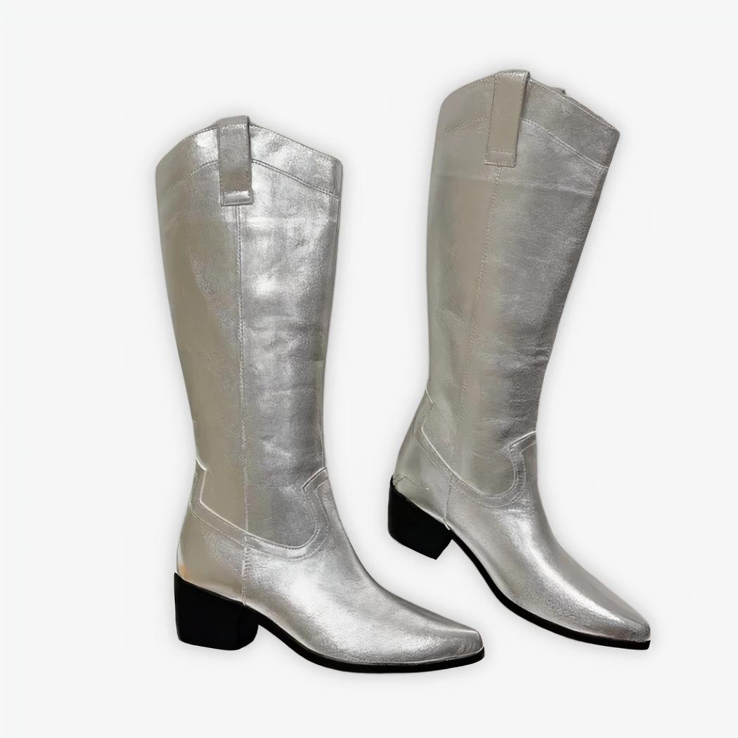 Santiag argentée haute en simili cuir sur fond gris