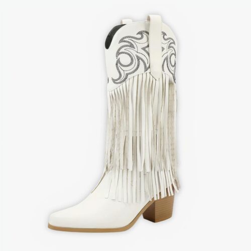 Santiag blanche à franges mi mollet avec talon pour femme, avec broderies, sur un fond gris