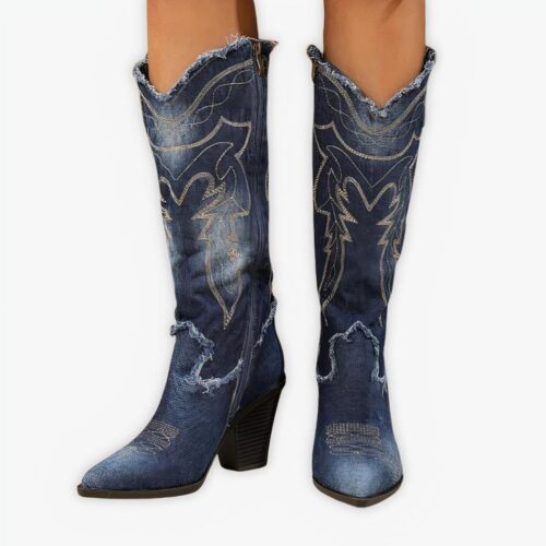 Santiag bleu cowboy avec fermeture à zipper pour femme, sur un fond gris