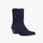 Santiag bleu en denim à talon pour femme, sur un fond gris