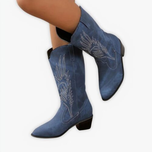 Santiag bottine femme moderne en denim sur fond gris