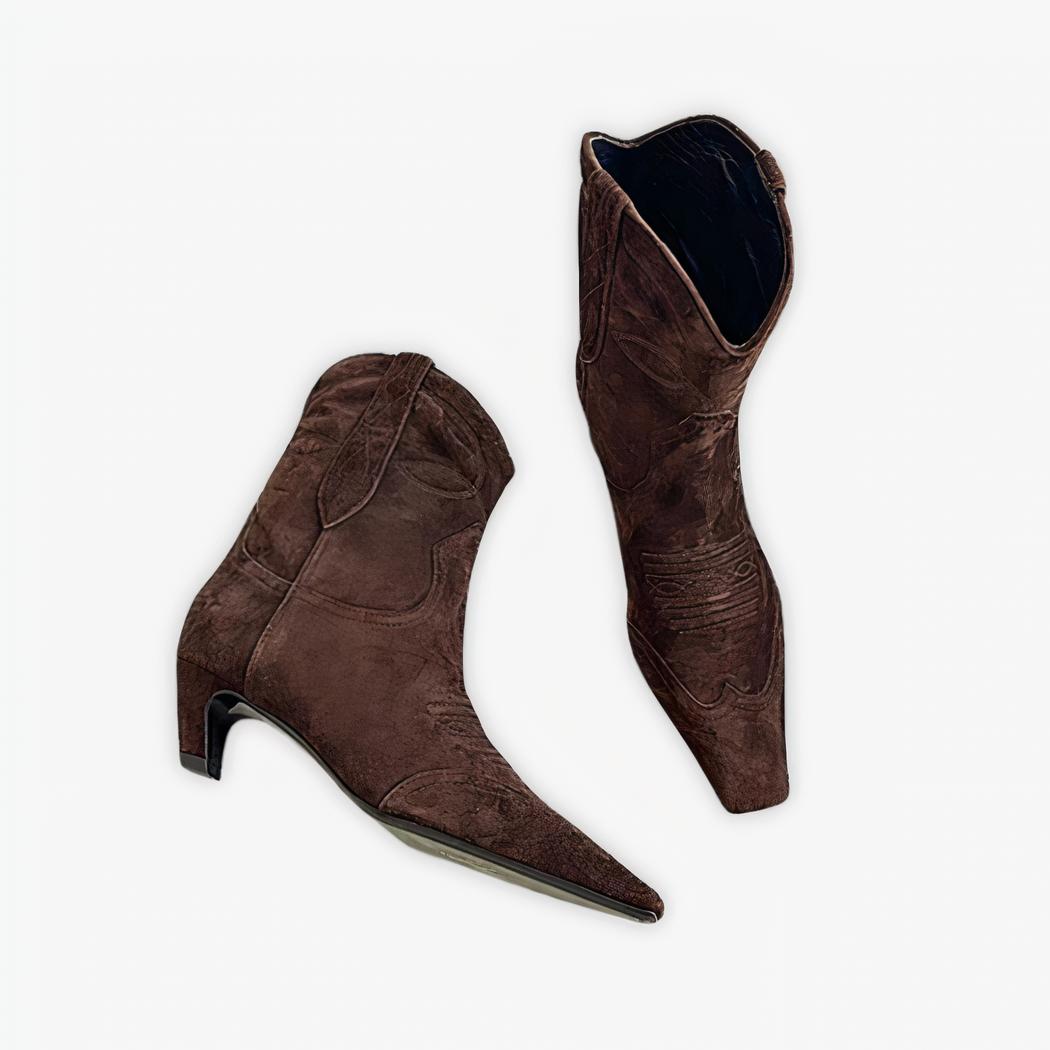 Santiag bout carré femme effet daim marron sur fond gris