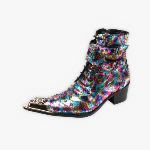 Santiag bout métal multicolore design peau de serpent sur fond gris