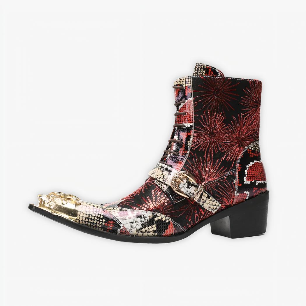 Santiag bout métal rouge au design original sur fond gris