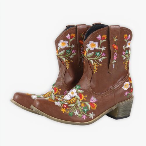 Santiag cowboy vintage avec fleurs brodées sur fond gris