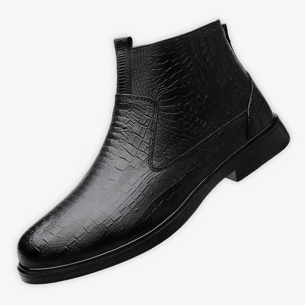 Santiag crocodile homme moderne et confortable à fermeture éclair noire sur fond gris