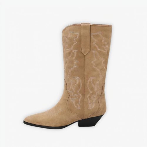 Santiag en daim à mollet large pour femme, sur un fond gris