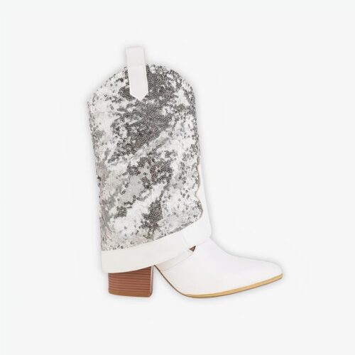 Santiag mi haute et argentée à sequins sur fond gris