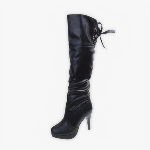 Santiag mollet large à talon fin et haut pour femme, de couleur noire, sur un fond gris