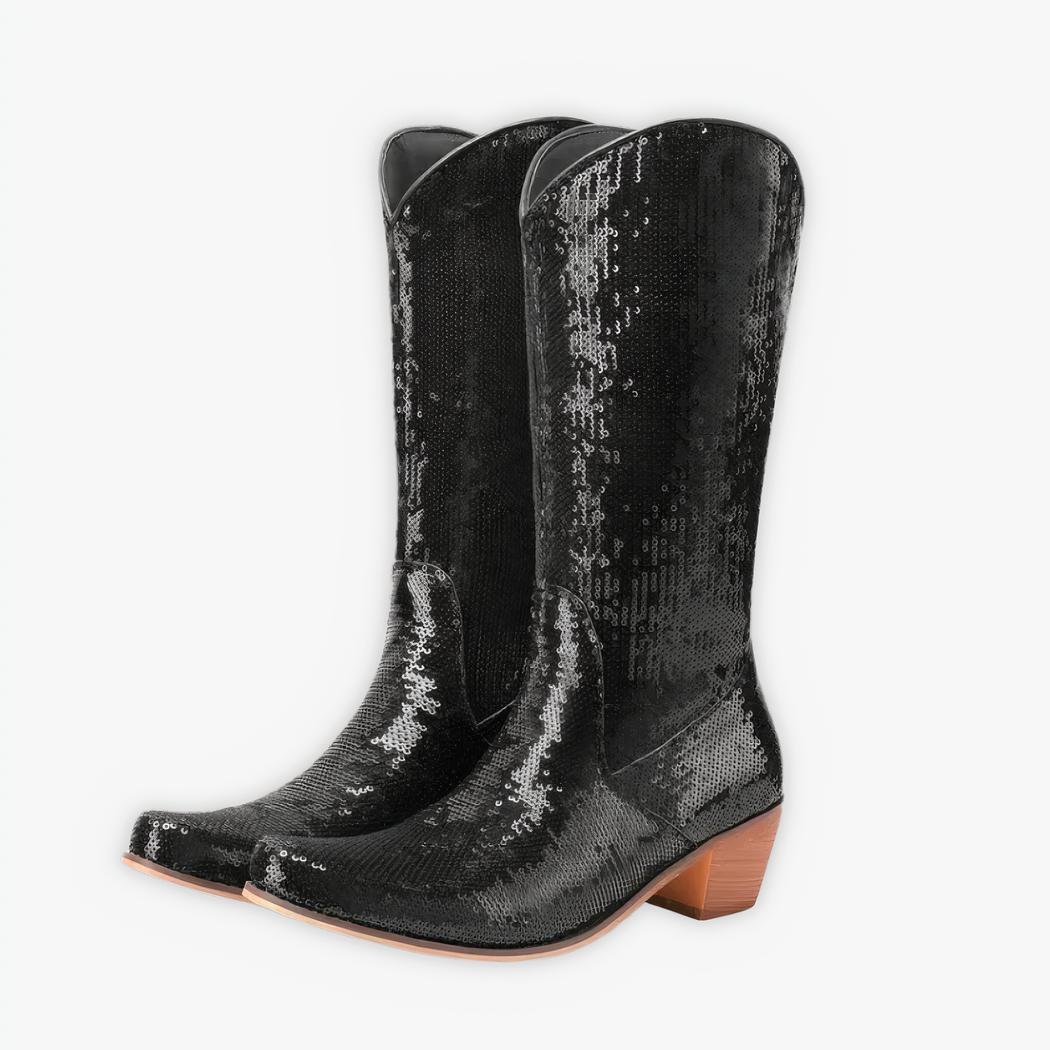 Santiag paillette noire avec talon épais pour femme, sur un fond gris