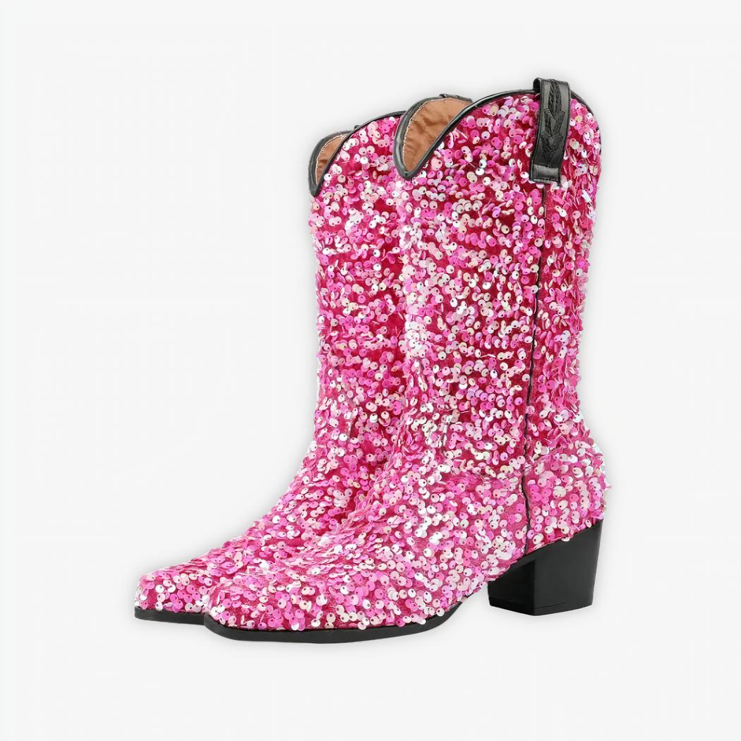 Santiag paillette rose mi mollet avec talon épais pour femme, sur un fond gris