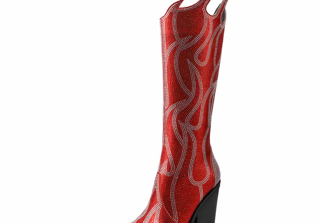 Santiag paillettes rouge au design de flamme sur fond blanc