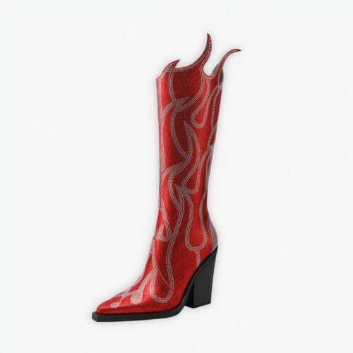 Santiag paillettes rouge au design de flamme sur gris