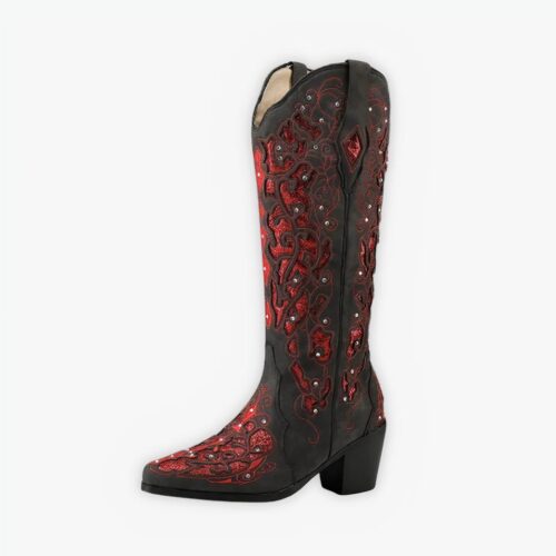 Santiag paillettes rouges sophistiquées pour femme sur fond gris