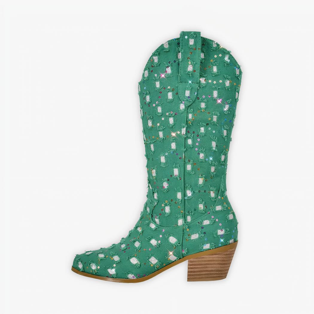 Santiag paillettes verte au design déchiré sur gris