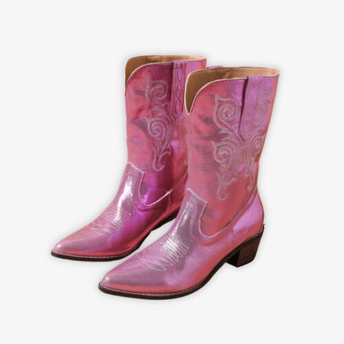 Santiag rose élégante à paillettes avec talon, sur un fond gris