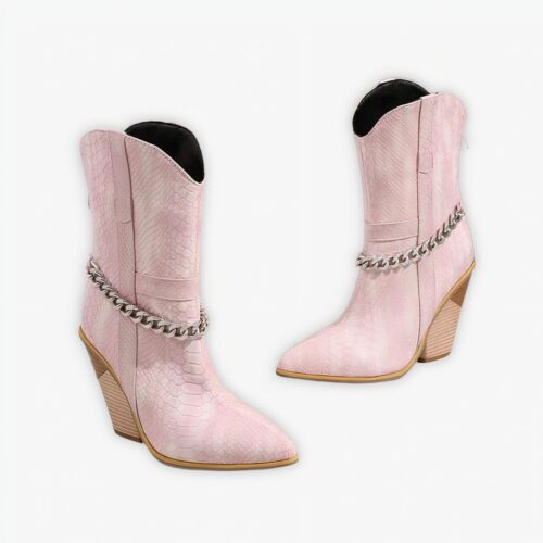 Santiag rose rétro à talon avec chaînette décorative sur fond gris