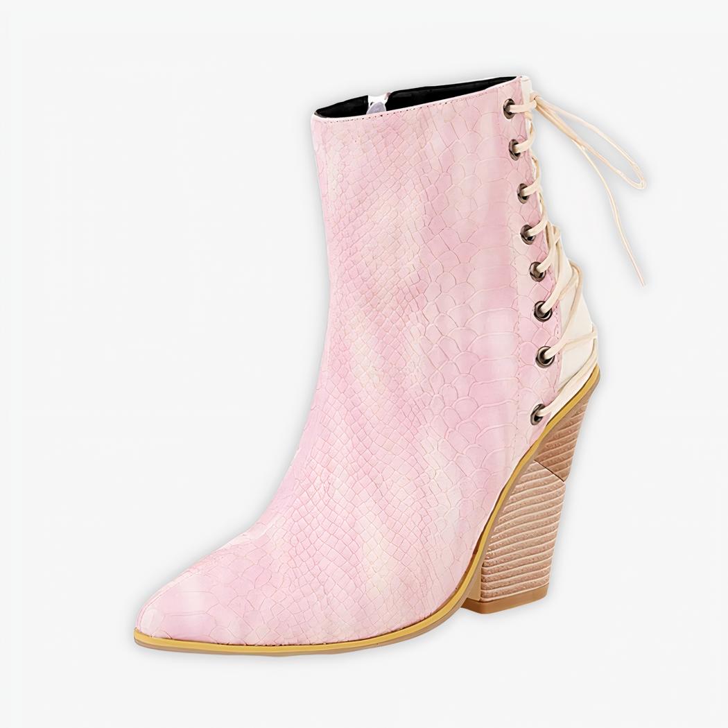 Santiag rose à talon avec lacets décoratifs pour femme, sur un fond gris