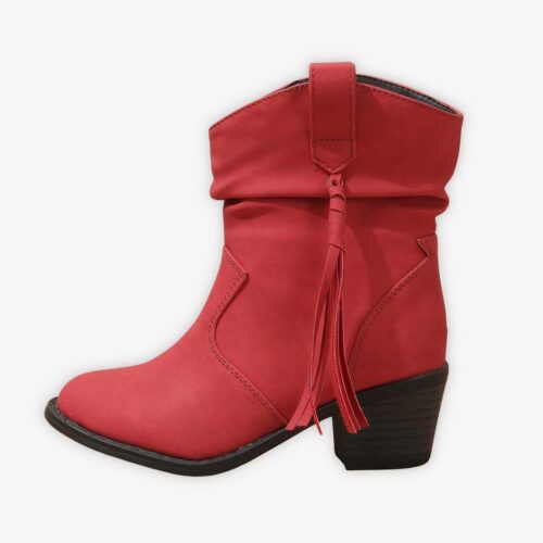 Santiag rouge à talon bas avec franges pour fille, sur un fond gris