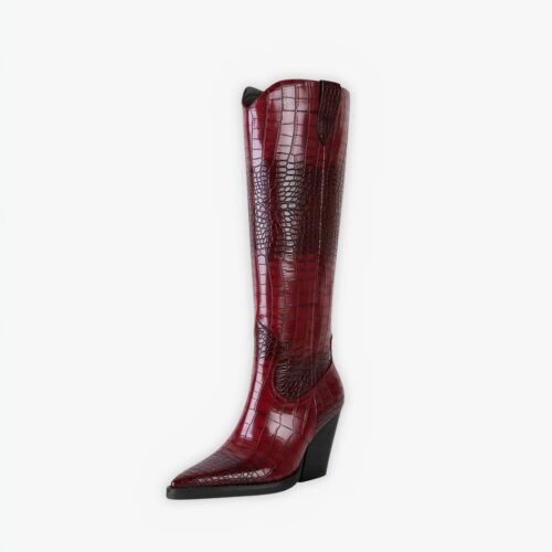 Santiag à talon rouge style crocodile pour femme sur fond gris